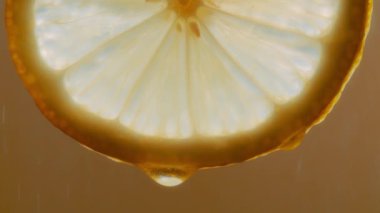 Arka planda su püskürten limon diliminden düşen makro su damlası. Yavaş çekim. 