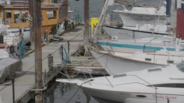 Şehir limanına yanaşmış tekne ve yatlar. Yavaş çekim.