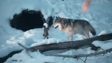Gri kurt karlı ormanda koşuyor. Yavaş çekim.