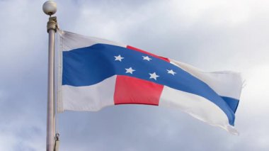 Bulutlu gökyüzüne karşı rüzgarda dalgalanan Belçika bayrağı. Yavaş çekim.