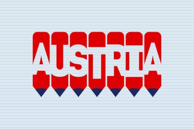Avusturya metni ve kalem sembolü yaratıcı fikirler tasarımı. Avusturya bayrağı renk konsepti vektör illüstrasyonu. Avusturya tipografisi negatif uzay kelime vektör illüstrasyonu. Avusturya ülke isim vektör tasarımı.