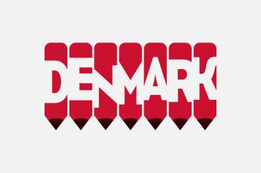 Kalem sembollü Danimarka metni yaratıcı fikirler tasarımı. Danimarka bayrak rengi konsept vektör çizimi. Danimarka tipografisi negatif uzay vektör illüstrasyonu. Danimarka ülke isim vektör tasarımı.