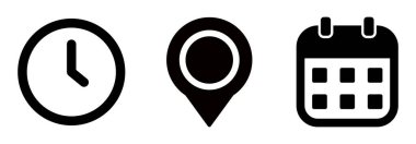 Düz stil olarak saat, adres ve tarih simgesi vektörü. Saat, harita konumu ve takvim işaretleri