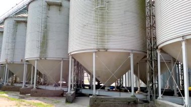 Besleme fabrikasında büyük silolar. Yiyecek üretimi. Yüksek kalite 4k görüntü