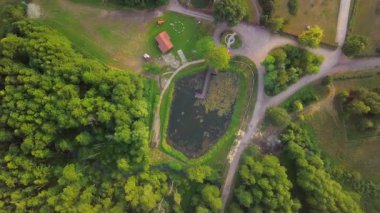 Küçük gölet ve ormandaki evler. Yukarıdan aşağıya hava manzaralı. Yüksek kalite 4k görüntü