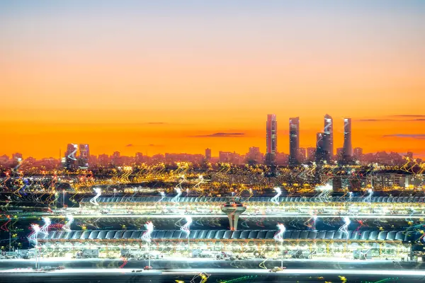 Stock image Madrid skyline sunset with the towers of the financial area in the background