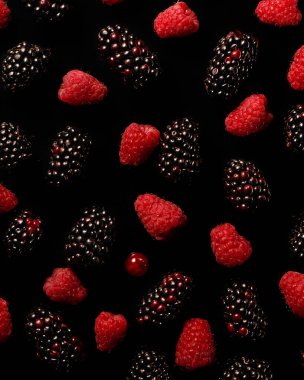 Böğürtlen, ahududu ve siyah arka planda bir kırmızı frenk üzümü. 