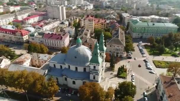 Aerial View Cathedral Lake Quay Ternopil Ukraine — Stock Video