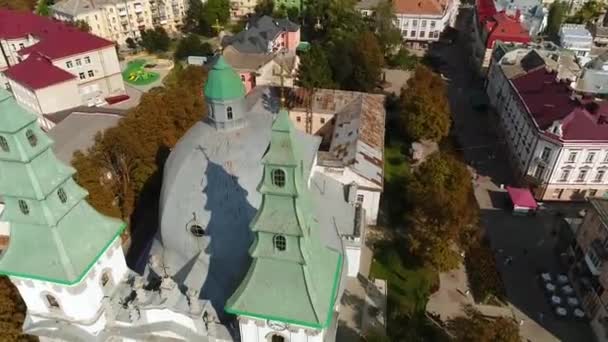 Havadan Görünümü Katedrali Göl Quay Ternopil Ukrayna — Stok video