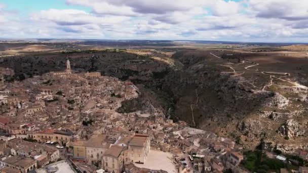 Matera Italien Die Altstadt Ist Den Fels Gehauen Sommertag Luftaufnahme Stock-Filmmaterial