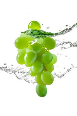 fresh green grapes in water isolated on white background