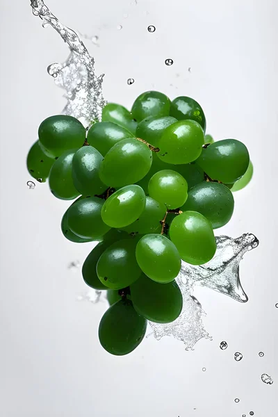 Uvas Verdes Frescas Con Gotas Agua Sobre Fondo Blanco —  Fotos de Stock