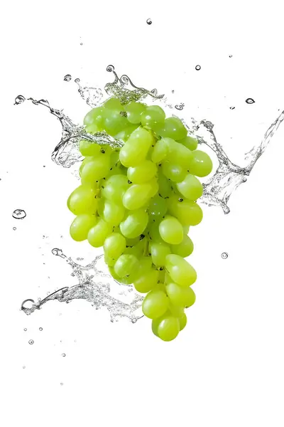 Uvas Verdes Frescas Con Salpicaduras Agua Aisladas Sobre Fondo Blanco —  Fotos de Stock