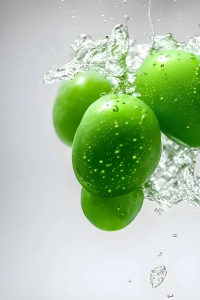 fresh green tomatoes in water drops on white background
