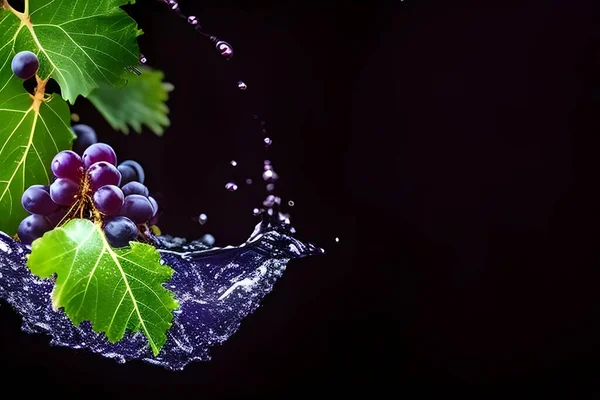 Брызги Воды Виноградом Листьями Черном Фоне — стоковое фото