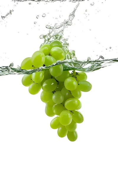 Frische Grüne Trauben Wasser Auf Weißem Hintergrund — Stockfoto