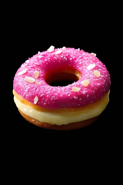 Donut Mit Rosa Glasur Auf Schwarzem Hintergrund — Stockfoto