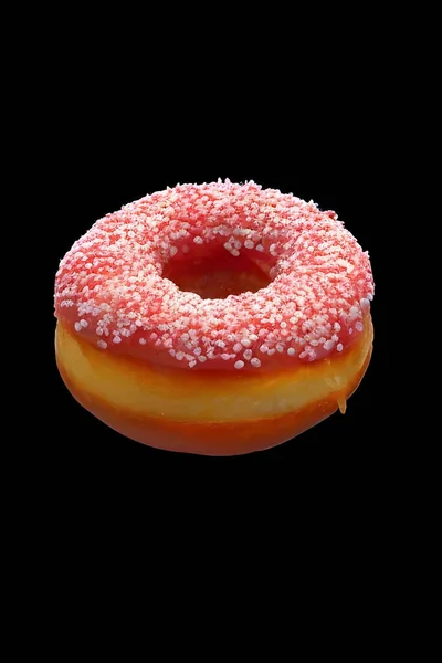 Donut Mit Rosa Glasur Isoliert Auf Schwarzem Hintergrund — Stockfoto