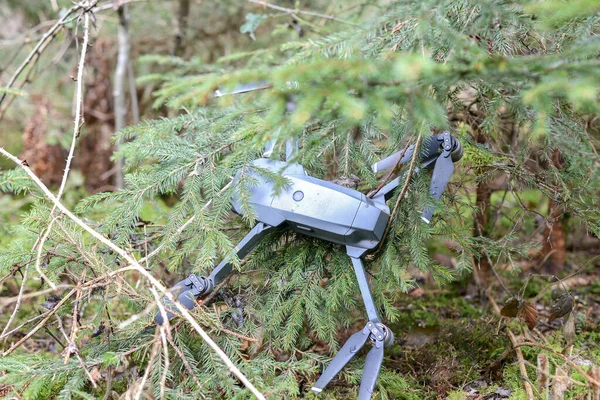 Dans Les Branches Forêt Quadrocopter Incontrôlé Est Envolé Est Coincé — Photo