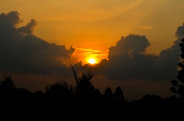 Batı ufkunda gün batımı. Geceleri doğa. Gökyüzü bulutları alacakaranlık güneşi tarafından kırılır. Ağaçlar bir siluet oluşturur