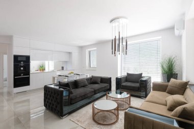 Modern apartmandaki oturma odasına bağlı mutfak.