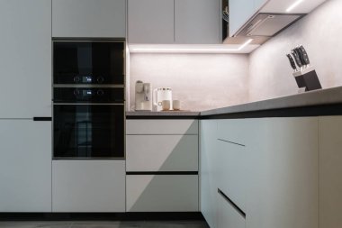 Modern kitchen with built in appliances of apartment