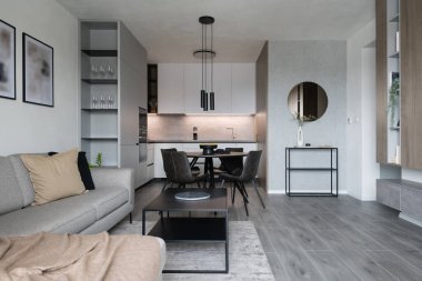 Interior of modern apartment - living room connected to kitchen