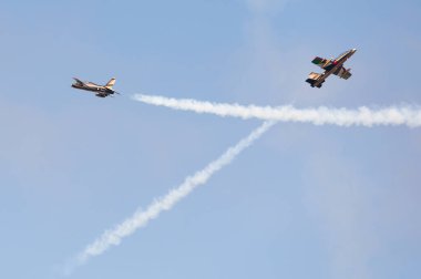PAYERNE, SWITZERLAND - SEPTEMBER 6: airplanes of Al Fursan display team performance on AIR14 airshow in Payerne, Switzerland on September 6, 2014
