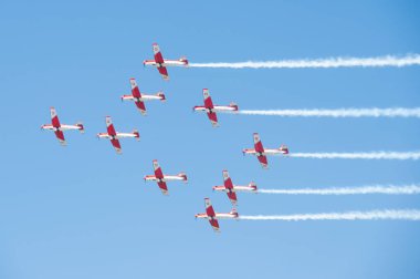 PAYERNE, SWITZERLAND - SEPTEMBER 6: Flight of PC-7 aerobatic team in close formation on AIR14 airshow in Payerne, Switzerland on September 6, 2014