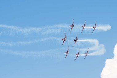 PAYERNE, SWITZERLAND - SEPTEMBER 6: Flight of PC-7 aerobatic team in close formation on AIR14 airshow in Payerne, Switzerland on September 6, 2014