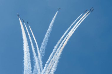 PAYERNE, SWITZERLAND - SEPTEMBER 6: Flight of Italian aerobatic team Frecce Tricolori on AIR14 airshow in Payerne, Switzerland on September 6, 2014