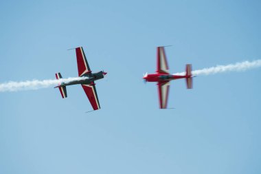 PAYERNE, SWITZERLAND - SEPTEMBER 6: Flight of Royal Jordanian Falcons aerobatic team on AIR14 airshow in Payerne, Switzerland on September 6, 2014