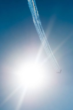 PAYERNE, SWITZERLAND - SEPTEMBER 6: Flight of Italian aerobatic team Frecce Tricolori on AIR14 airshow in Payerne, Switzerland on September 6, 2014