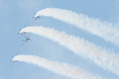 SLIAC, SLOVAKIA - AUGUST 30: The flying bulls aerobatics team from Czech republic performs flight maneuver on the SIAF airshow in Sliac, Slovakia on August 30, 2014