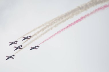 SLIAC, SLOVAKIA - AUGUST 30: Aerobatic Team of Air Force of Poland - White-Red Sparks at SIAF airshow in Sliac, Slovakia on August 30, 2014