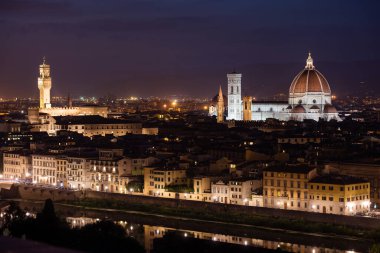 Palazzo Vecchio and Cathedral of Santa Maria del Fiore (Duomo) at night, Florence, Italy 