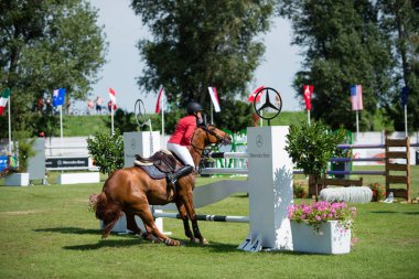 BRATISLAVA, SLOVAKIA - AUGUST 10: difficulties of Zelinkova Zuzana (CZE) on horse Luka`s Ninja with hurdle during Mercedes-Benz Grand Prix Bratislava, Slovakia on August 10, 2014