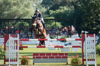 BRATISLAVA, SLOVAKIA - AUGUST 10: Kellnerova Anna (CZE) on horse Bacara de la Ferme Blanche jumps over hurdle during Mercedes-Benz Grand Prix Bratislava, Slovakia on August 10, 2014