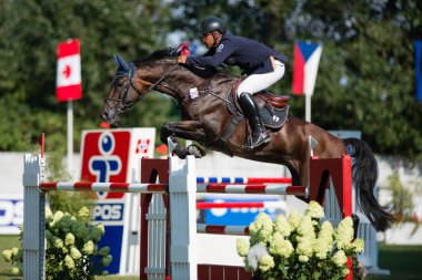 BRATISLAVA, SLOVAKIA - AUGUST 10: Greene Lawrence (GER) on horse Arrivederci 7 jumps over hurdle during Mercedes-Benz Grand Prix Bratislava, Slovakia on August 10, 2014