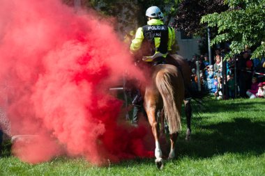 PEZINOK, SLOVAKIA - MAY 4, 2014: Demonstration of mounted police horses walking through the smoke in Pezinok, Slovakia