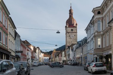 WAIDHOFER AN DER YBBS, AUSTRIA - FEB 20, 2023: The City Tower of Waidhofen an der Ybbs, called Stadtturm, Austria