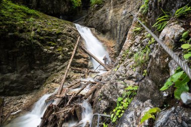 Kysel Kanyonu 'ndaki Ferrata Via - Slovakya' daki Slovak Paradise Ulusal Parkı 'ndaki kanyonda macera yürüyüşü