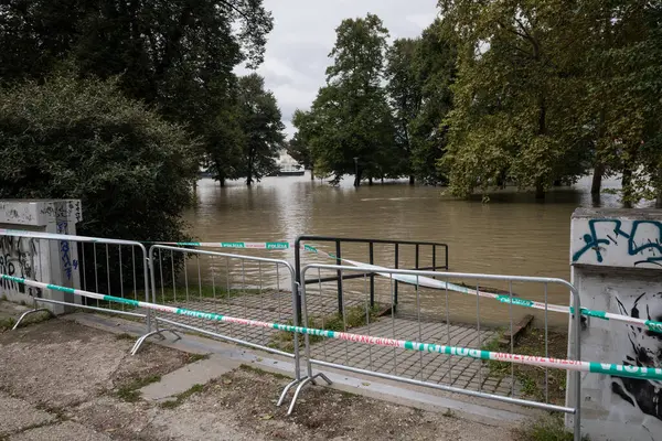 stock image BRATISLAVA, SLOVAKIA - SEP 17, 2024: High water of Danube river flooded whole Tyrsovo Embankment on the Petrzalka, Bratislava