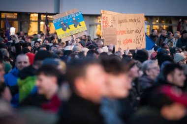 BRATISLAVA, SLOVAKIA  JAN 24, 2025: Slovakia is Europe! Civil protest against Robert Fico government and against cooperation with Putin's Russia. Freedom Square, Bratislava, Slovakia clipart