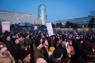 BRATISLAVA, SLOVAKIA  JAN 24, 2025: Slovakia is Europe! Civil protest against Robert Fico government and against cooperation with Putin's Russia. Freedom Square, Bratislava, Slovakia clipart