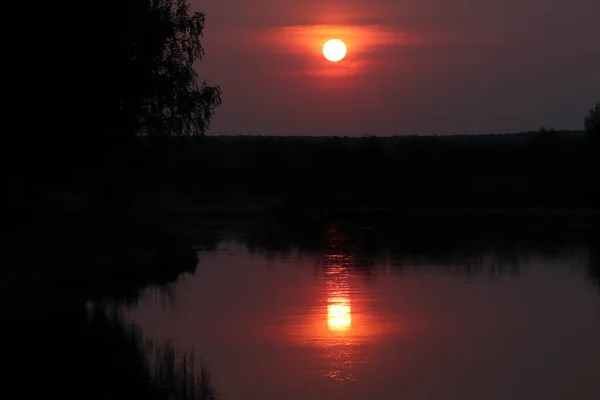 Kolorowy Zachód Słońca Nad Spokojną Rzeką Wśród Gajów Brzozowych Letni — Zdjęcie stockowe