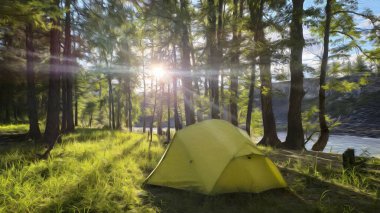 Beautiful tent on the river bank at dawn, camping in nature. Stylization of the image using oil paint. clipart