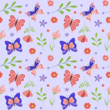 Şirin kelebekli ve güveli vektör deseni. Kusursuz kelebek deseni. Kumaş, duvar kağıdı, ambalaj kağıdı, davetiye, el işi için mükemmel. Mavi arka planda bebek deseni var. Vektör illüstrasyonu