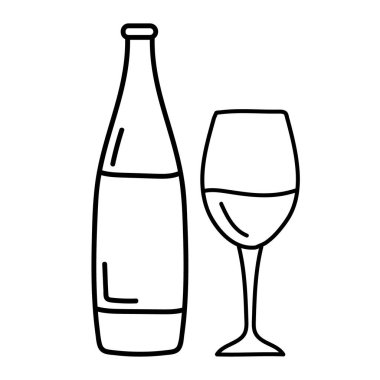 Vector line art wine minimal logo bottle and glass alcohol linear style label. Doodle Vector illustration