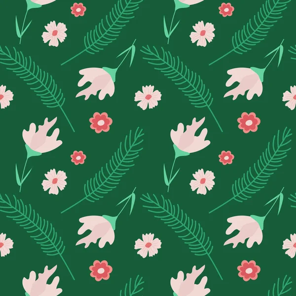 Seamless background in nature style green. Vintage Pattern. Elements of leaves and flowers. Vector illustration. Use for wallpaper, print packaging paper, textiles. Vector illustration